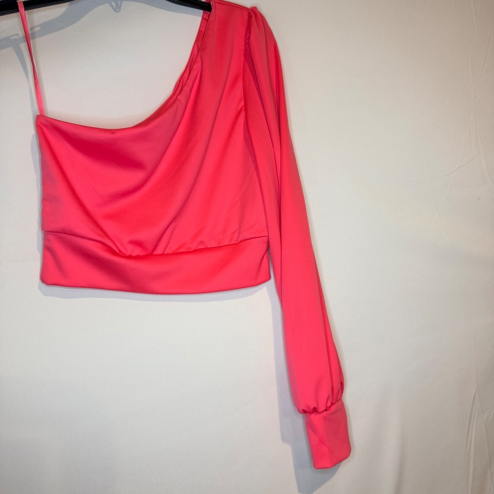 She + Sky Neon Pink One Shoulder Puff Sleeve Crop Top Medium Hot Pink Asymmetric
